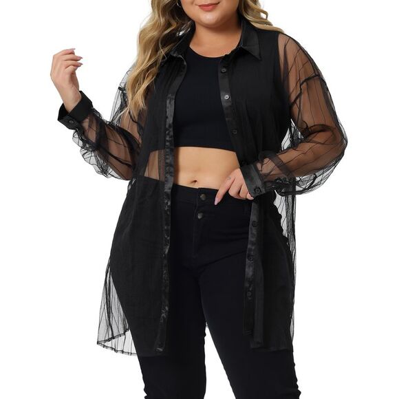 Plus Size Shirt Mesh Sheer Long Sleeve Button Down See Through Tops Black - Picture 2 of 6